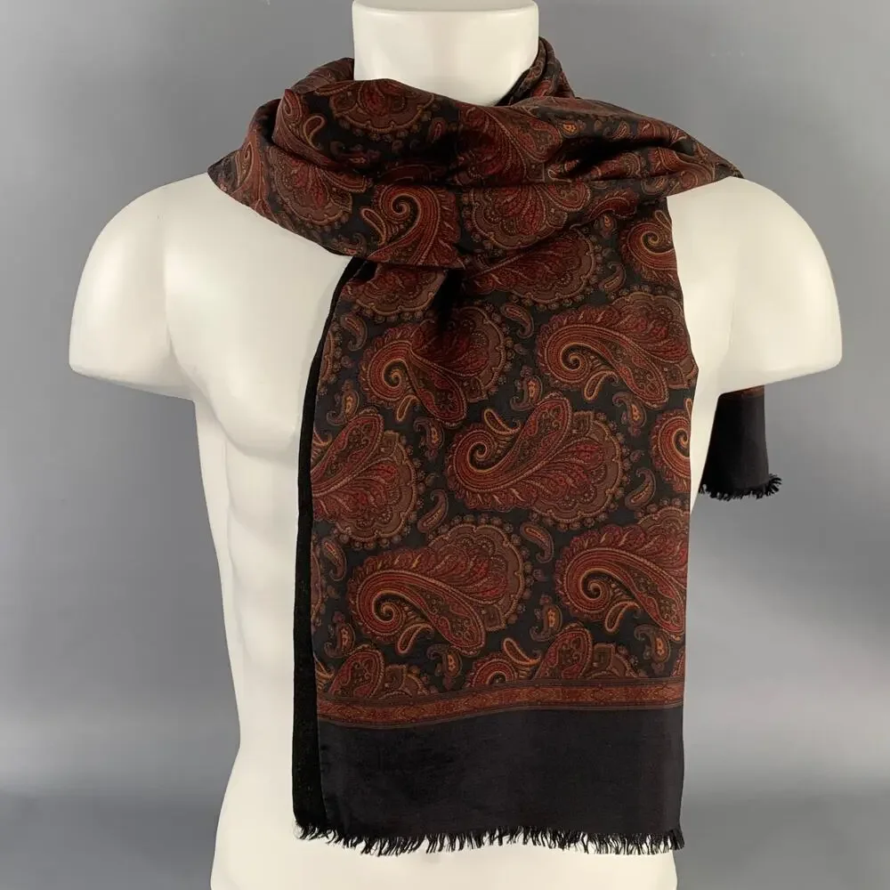 LUCIANO Size One Size Black Burgundy Paisley Silk Wool Scarves